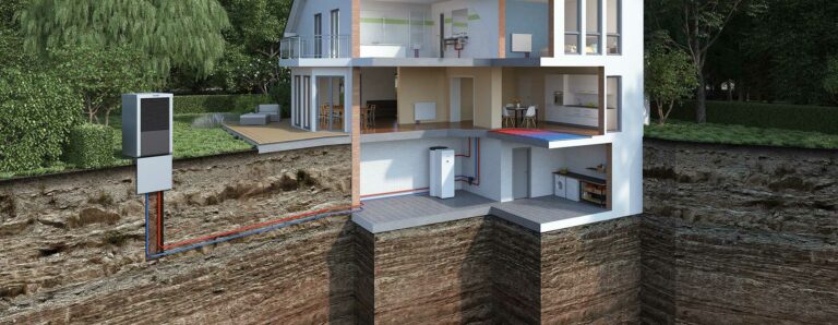 Anhand eines aufgeschnittenen Hauses wird die Funktionsweise einer Wärmepumpe dargestellt.