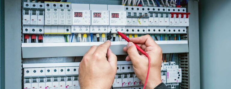 An einem Schaltschrank führt ein Fachmann die Prüfung nach DGUV V3 durch.